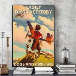 Kid Pilot Easily Distracted By Dogs And Airplane Poster, Canvas