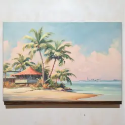 Large Pastel Beach House Art Animalistic Watercolor Canvas Wall Painting Coastal Scene Artwork Beautiful Decor Print