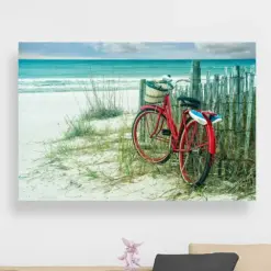 Large Wall Art Summer Breeze Red Beach Cruiser White Sand Ocean Sea Antique Vintage Bicycle Fine Art Print Canvas Framed & Metal Options