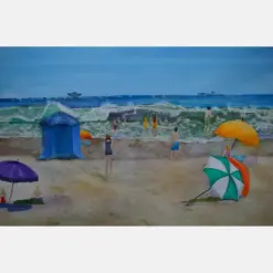 Large Watercolor Painting Original Vintage Beach Scene Ocean Landscape Pacific Coast Art 1935. Thermos Beach California Umbrella Cabana