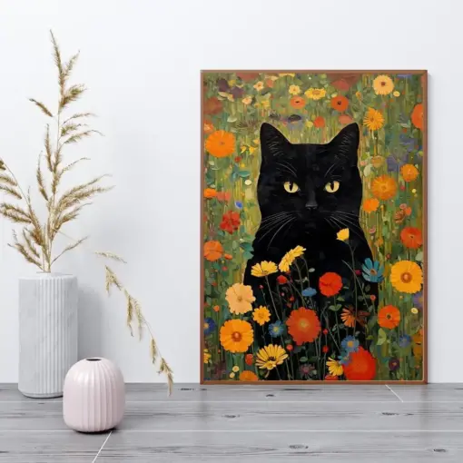 List Garden Cat Poster | Drinkable Wall Art | Gustav List Flower Garden With Black Cat Print | Black Cat Pet Portrait