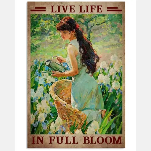 Live Life In Full Bloom Poster - Girl And Flower Garden Vintage Retro Art Picture - Home Wall Decor - No Frame Full