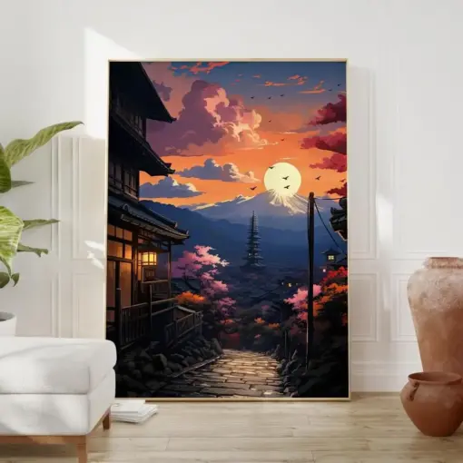 Loft Art Print Of Japanese Town At Sunset - Mountain Vista Kyoto Travel Poster For Anime Enthusiasts - Cool Posters For Bedroom Wall Art