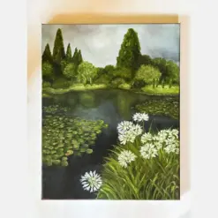 Lovely Impressionist Landscape Dark Pond With Lily Pads Trees And Flowers In Bloom