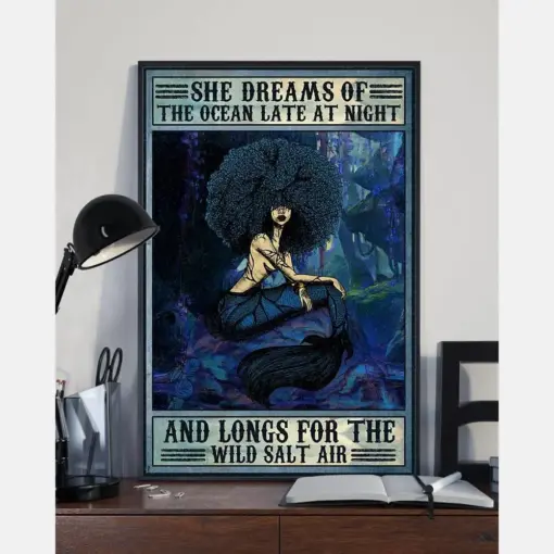 Mermaid Afro Girl Poster She Dreams Of The Ocean Vintage Room Home Decor Wall Art Gifts Idea