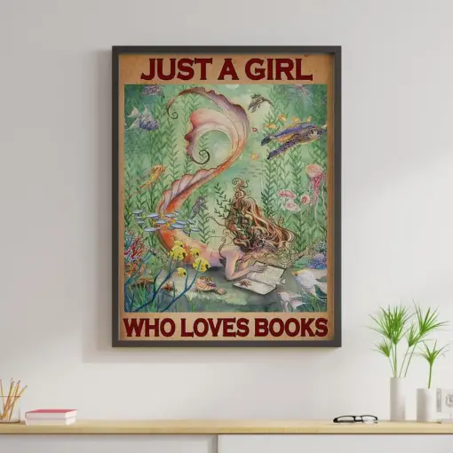 Mermaid Book Canvas Prints Just A Girl Who Loves Books Vintage Wall Art Gifts Vintage Home Wall Decor Canvas