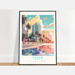 Miami Travel Poster South Beach Florida Vintage Usa Wall Art Palm Tree Beach Home Decor Art Print Bedroom Gift Framed