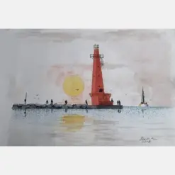 Michigan Lighthouse Painting Beach House Art Beach Landscape Red Lighthouse Print Beach Art Scenes Sunset Watercolor