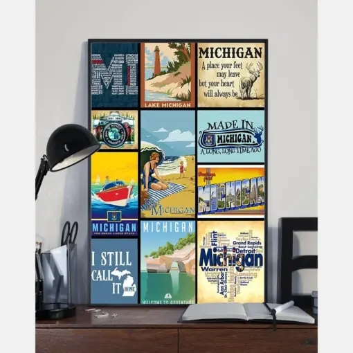 Michigan Poster A Place Your Feet May Leave But Your Heart Will Always Be Vintage Room Home Decor Wall Art Gifts Idea