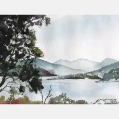 Misty Morning Lake - Original Watercolor Painting