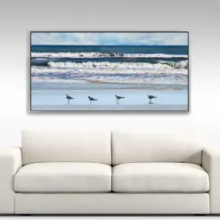 Modern Coastal Art Seagulls On Beach Blue Coastal Art Ocean Beach Decor Coastal Painting Beach Seascape