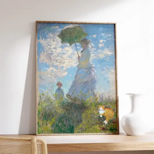 Monet Cat Print Claude Monet Cat Poster Woman With A Parasol & Cat Cat Art Floral Print Wall Art Decor