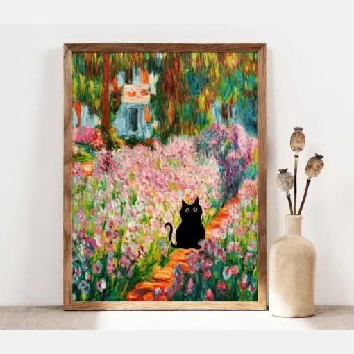 Monet Garden Cat Print Claude Monet Flowers Cat Poster Irises Cat Art Floral Print Funny Cat Print Funny Gift Home Decor Poster