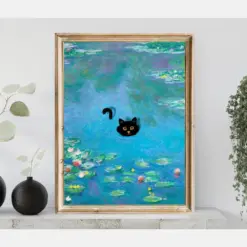 Monet Water Lily Cat Print Cat Black Cat Print Claude Monet Cat Poster Funny Cat Art Drinkable Wall Print