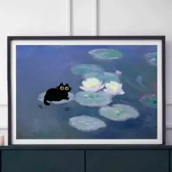 Monet Water Lily Cat Print Monet Cat Poster Flower Wall Art Black Cat Print Funny Cat Decor
