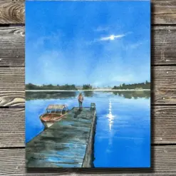 Moonlight Reflection On Wilderness Lake In Serene Watercolor With Vintage Sylvan Fishing Boat And Weathered Wood Dock Glee Artwork Print