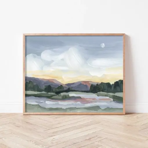 Moonlit Pond Art Print - Mountain Wall Art Large Abstract Landscape Art Mountain Painting Mountain Landscape Art Mountain Art Print