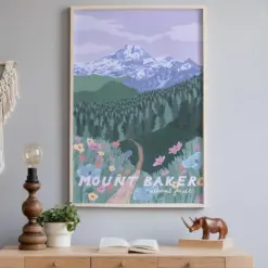 Mount Baker National Forest Poster Washington Mount Rainer National Park Paw Pacific Northwest Wall Art Vintage Style Travel Art Print