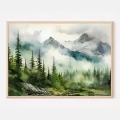 Mountain Landscape Watercolor Neutral Wall Art Panoramic Landscape Minimalist Wall Art Mountains Painting Green Nature Art Print