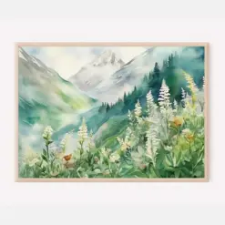 Mountain Meadow Art Print Green White Abstract Flower Landscape Painting Panoramic Landscape Poster Pine Tree Wall Art