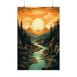 Mountain River And Sunset View Matte Vertical Posters