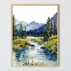 Mountain River Art Watercolor Painting Large Wall Art Mountains Forest Art Print Neutral Artwork Nature Watercolor Landscape