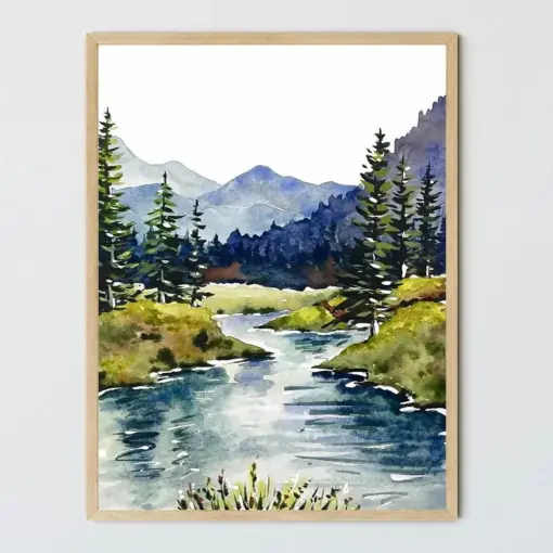 Mountain River Art Watercolor Painting Large Wall Art Mountains Forest Art Print Neutral Artwork Nature Watercolor Landscape