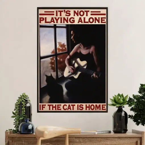 Music Guitar Poster Prints | Girl & Cat Playing Guitar | Wall Art Gift For Guitarist
