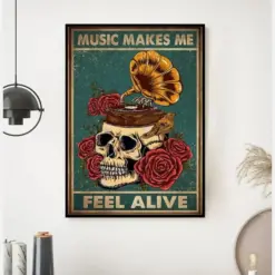 Music Vintage Poster Music Makes Me Feel Alive Vintage Print Phonograph Record Skull Print Music Wall Art Skull Art Print Music Gift