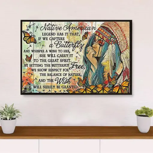 Native American Tribe Poster Prints | Native Girl & Butterfly | Wall Art Gift For American Indians