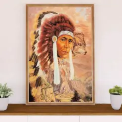 Native American Tribe Poster Prints | Native Man & Wolf Painting | Wall Art Gift For American Indians