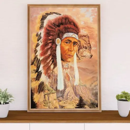 Native American Tribe Poster Prints | Native Man & Wolf Painting | Wall Art Gift For American Indians