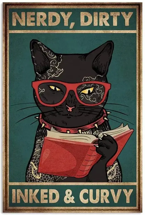 Nerdy Dirty Inked And Curvy Black Cat Read Red Cover Book Tattoo Red Glasses Poster, Canvas