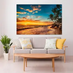 Ocean Sunset Print Palm Trees On The Beach Wall Art Canvas Tropical Nautical Landscape Print Extra Large Wall Art Living Room