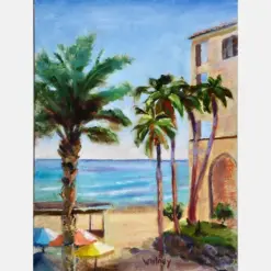 Ocean View Beach Resort Landscape Gift Palm Trees Cabs Painting Mexico Resort Original Oil Painting Cabana Beach Scene Whitney