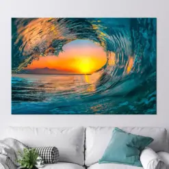 Ocean Wave Wall Art Canvas Sunset Sea On The Horizon Drinkable Wall Art Large Wave Print Nautical Wall Art Living Room Ocean Large Wall Art