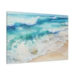 Ocean Waves Canvas Beach Watercolor Painting Seaside Landscape Wall Art Coastal View Home Decor Nautical Horizon Seascape Fine Art