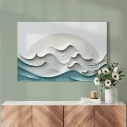 Ocean Waves Wall Art - Animalistic Decor For Home Decor Beach House Or Coastal Living Room - Serene Blue Waves On Neutral Background