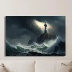 Oil Painting Of Lighthouse In Storm Print On Canvas Wall Art Classic Painting Beautiful Vintage Wall Art For Living Room