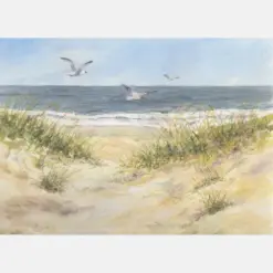 On The Wind Beach Watercolor Original Painting Beach Painting Original Coastal Art Beach Decor Ocean Seagull Art Seaside Painting