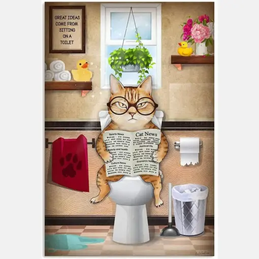 Orange Tabby Cat Read Newspaper Toilet Bathroom Funny