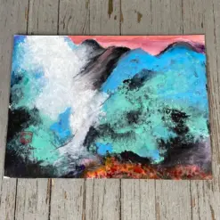 Original Hand Painted Watercolor Landscape Painting Chinese Blue Pink Cloud Hand Painted Signed Artwork One Of A Kind Art