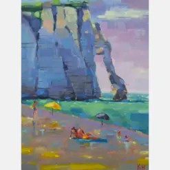 Original Oil Painting Coastal Scene On Wood Panel Turquoise Waters In Northern France Varnished