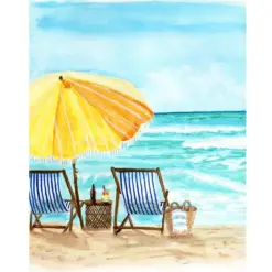 Original Painting Beach Chairs And Umbrella Print Original Beach Chairs On Shore Fine Art Print