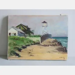 Original Painting On Canvas Beach Lighthouse Nature Scene Scenic Gallery Wall Art Framed