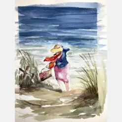 Original Watercolor Painting Windy Beach Coastal Scene 9 I 12 Loose Modern Wall Art By Darcy