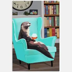 Otter Drink Wine Sitting On Turquoise Blue Armchair Cute Animal Pet Vintage