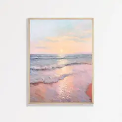 Pastel Beach Painting | Retro Pink Girly Wall Art | Vintage Coastal Seascape Print | Eclectic Minimalist Bedroom Apartment Artwork | I