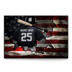 Personalized Baseball Poster & Canvas, Baseball Player & American Flag Wall Art, Custom Name Number Home Decor For Son, Boy, Men