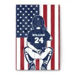 Personalized Baseball Poster & Canvas, Inspirational Poster Baseball Catcher Us Flag Wall Art, Custom Name Number Home Decor For Boy, Son